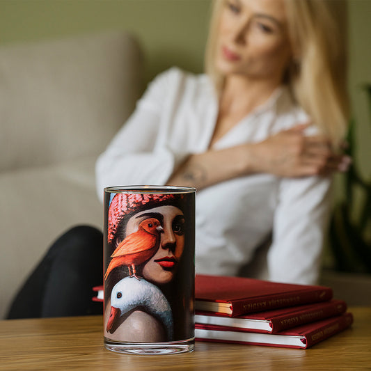 Atomra Home glass candle, I am a birdgirl, Algis Kriščiūnas, glass vase, natural wax, long burning hours, DIY, perfect gift idea, luxury candle, eco, long-lasting candle, interior design