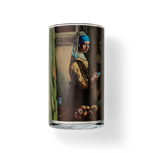 Pearled candle, natural candle pearls, Atomra Home glass candle, girl with a pearl earphones, Algis Kriščiūnas,  glass vase, natural wax, long burning hours, DIY, perfect gift idea, luxury candle, eco, long-lasting candle, interior design