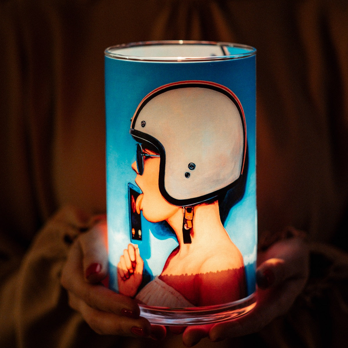 Atomra Home ''Phone cream licking'' glass candle, vase, holder, white, blue, long burning time, interior design, zero waste, DIY, 2022