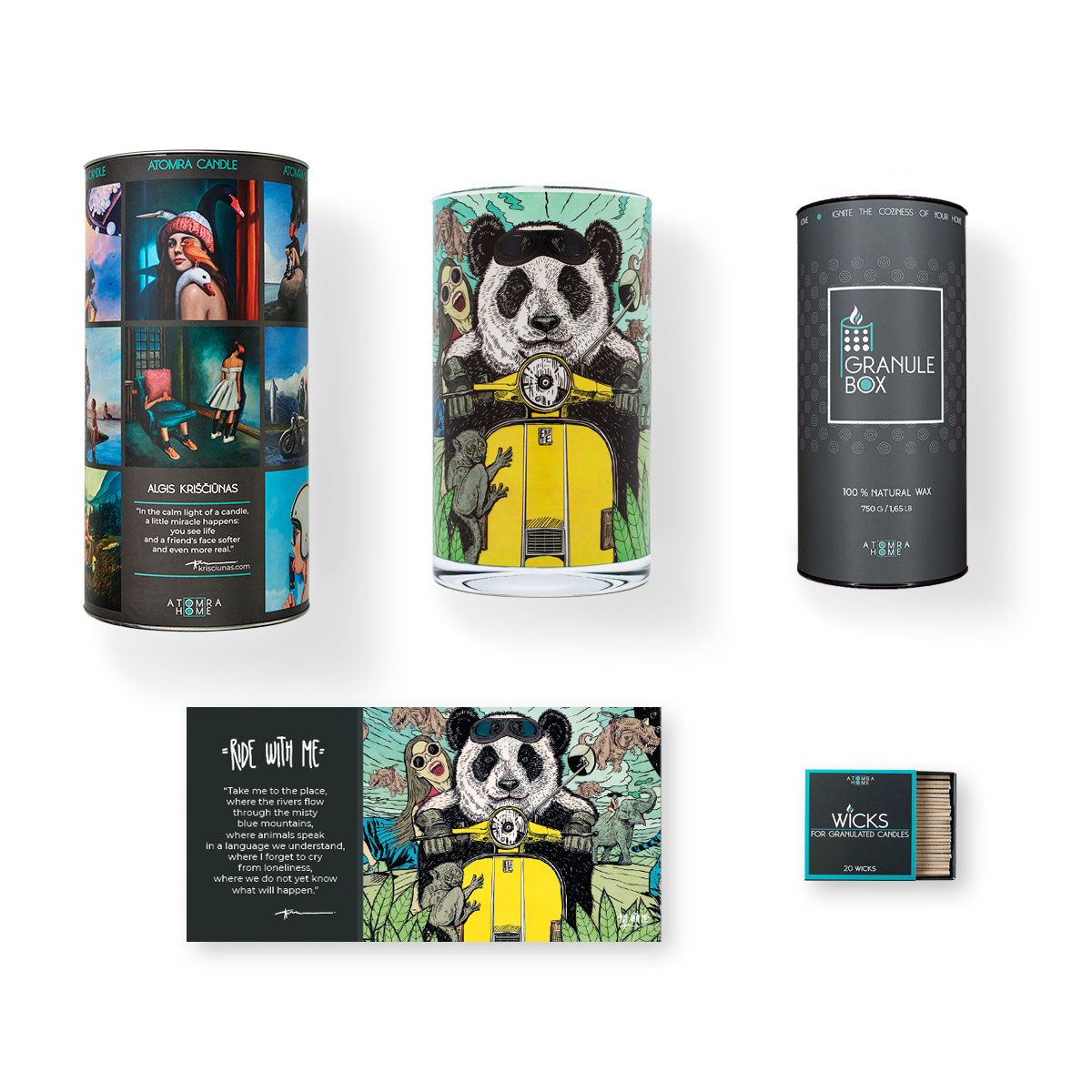 Pearled candle, natural candle pearls, Atomra Home glass candle, Ride with me, panda, animals, jungle, Algis Kriščiūnas, glass vase, natural wax, long burning hours, DIY, perfect gift idea, luxury candle, eco, long-lasting candle, interior design