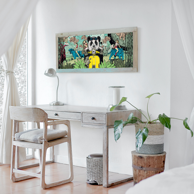 Atomra Home glass candle, Ride with me, panda, animals, jungle, Algis Kriščiūnas, glass vase, natural wax, long burning hours, DIY, perfect gift idea, luxury candle, eco, long-lasting candle, interior design